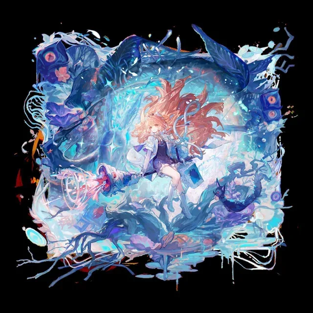 An orange-haired figure underwater inside a splash of blue