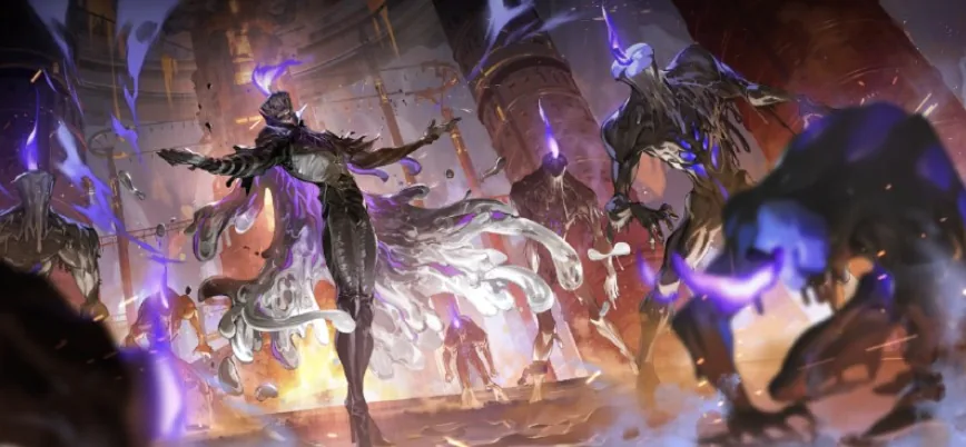 A figure wreathed in violet flame among beasts in a burning temple