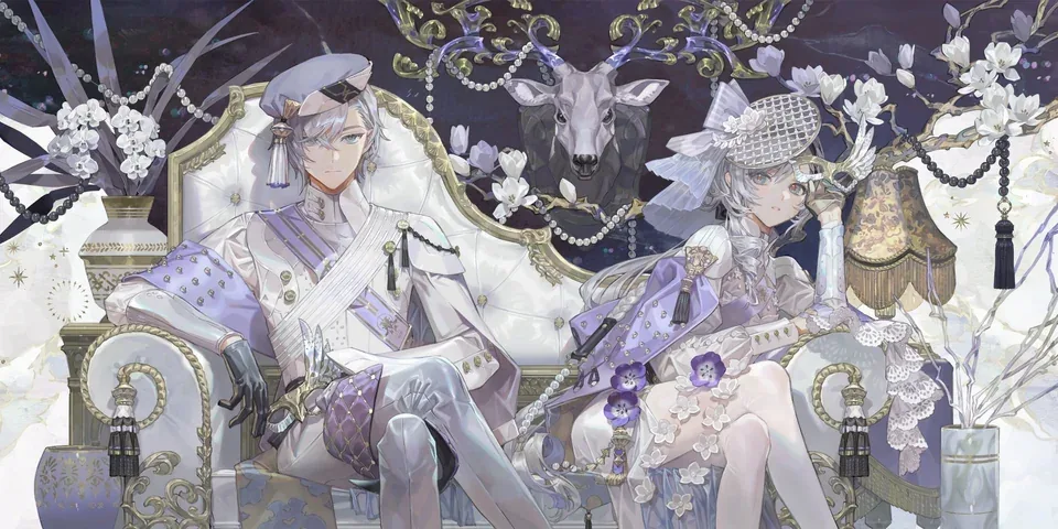 Two silver-haired figures seated on white armchairs below a mounted deer head