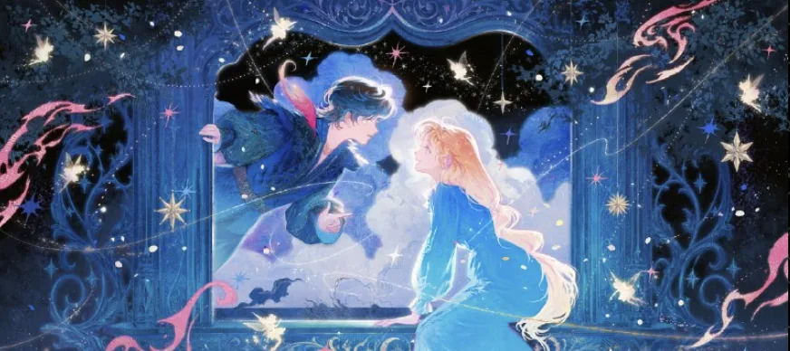 A boy leaning through a window towards a blonde girl, surrounded by stars