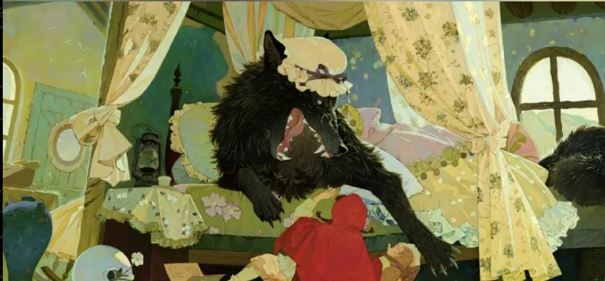 A black wolf in a lace bonnet sprawled across a bed while a red-hooded child stands below