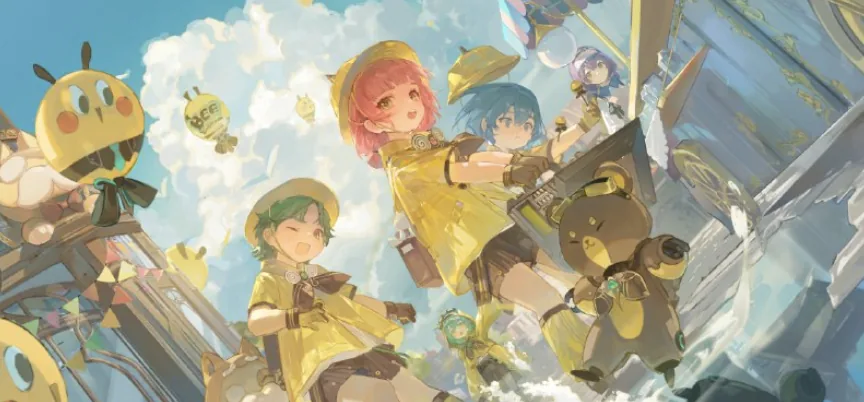 Three children in yellow raincoats with bee and bear mascots under a bright sky