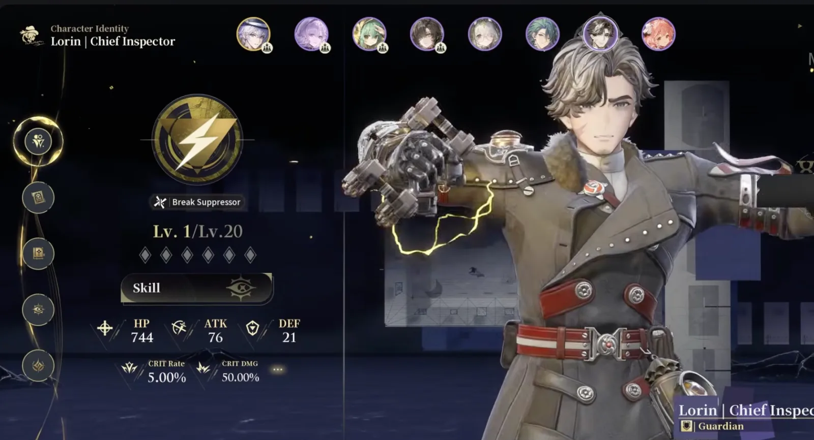 Silver Palace character identity screen for Lorin, Chief Inspector, showing his Break Suppressor combat style and the mechanical gauntlet trailing yellow lightning