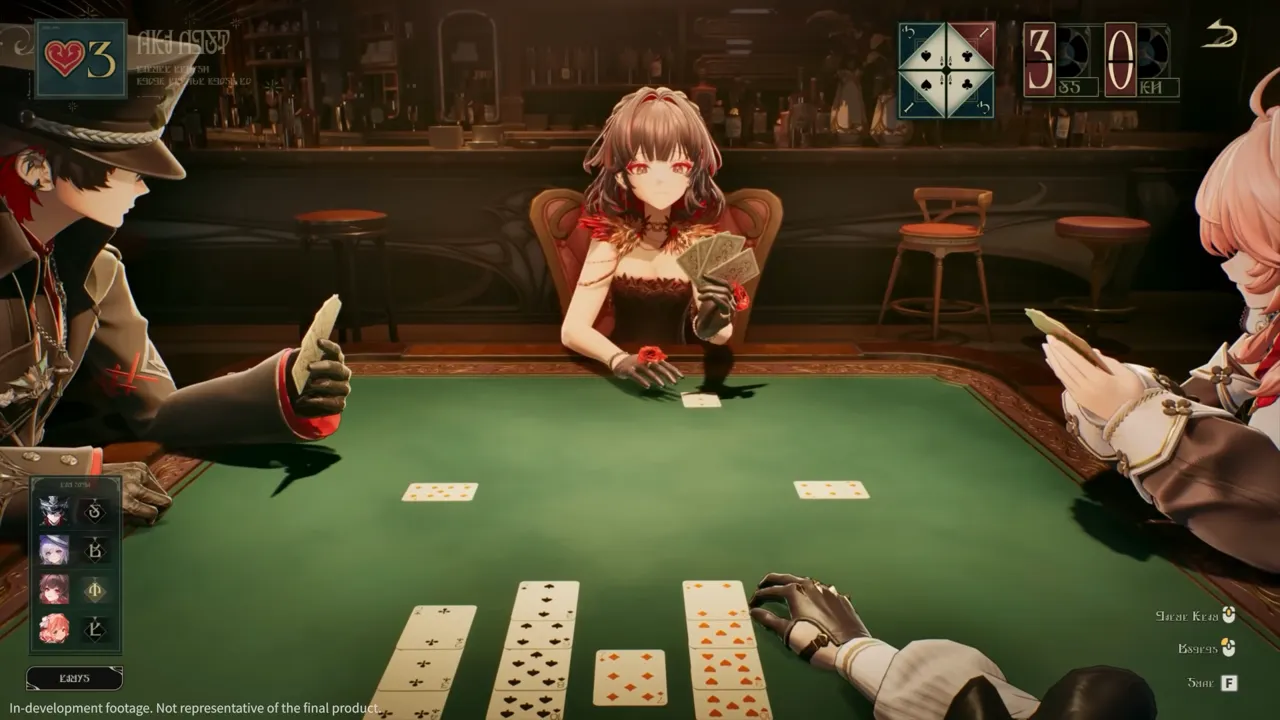 A first-person card game in a Silver Palace bar, four players around a green baize table with community cards dealt across the felt, a score counter in the top corner and player portraits down the left edge