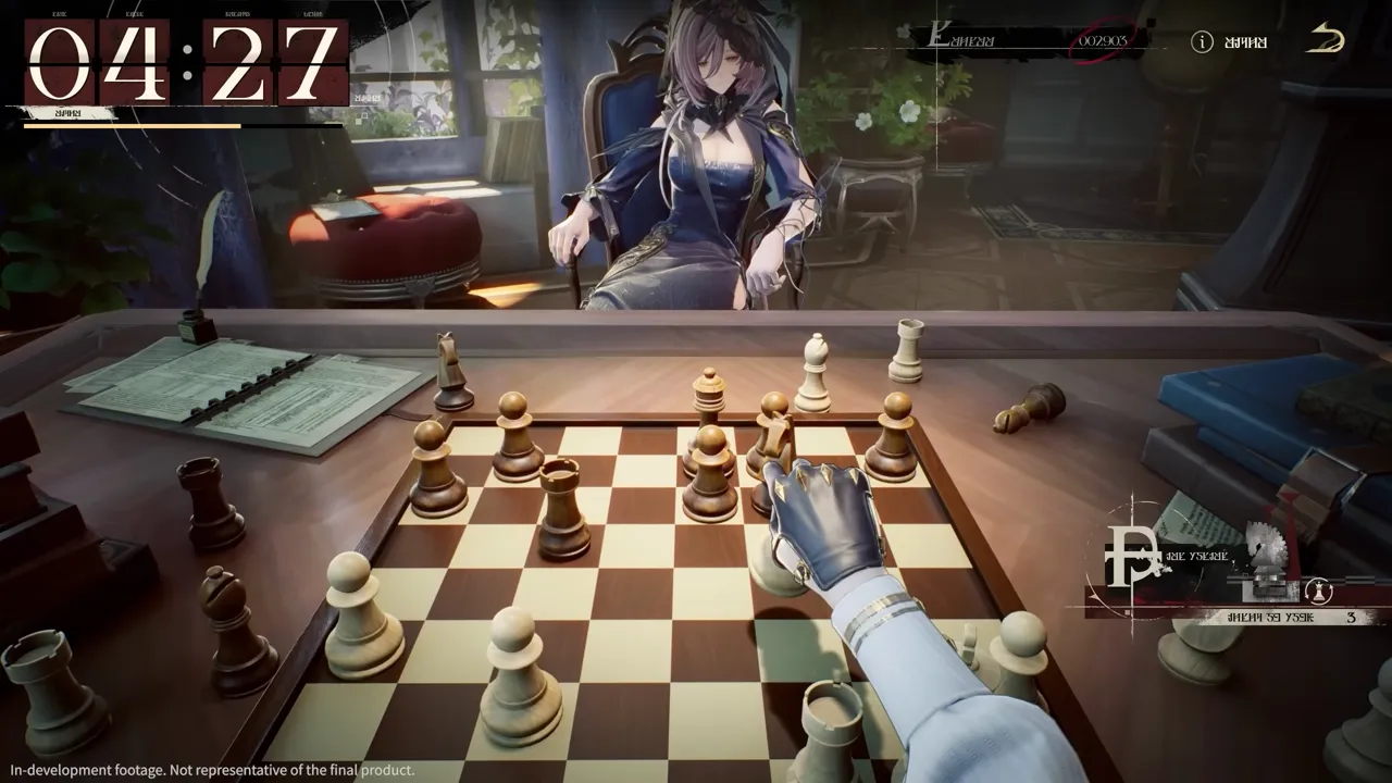 A first-person chess duel in Silver Palace, looking across the board at a seated opponent in a sunlit study, with a flip clock reading 04:27 and a captured piece tray beside the board