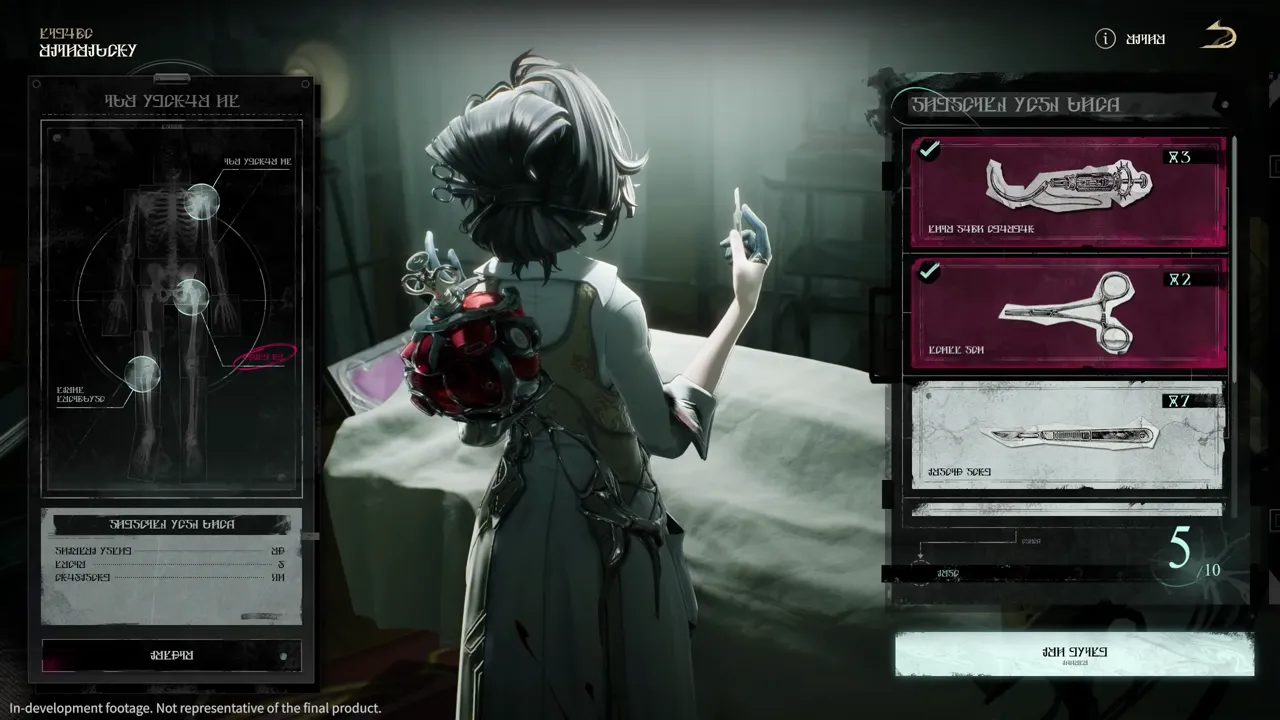 The Silver Palace surgery interface, an X-ray body diagram with marked target points on the left, the surgeon working at the table, and an instrument tray listing forceps, scissors and a scalpel