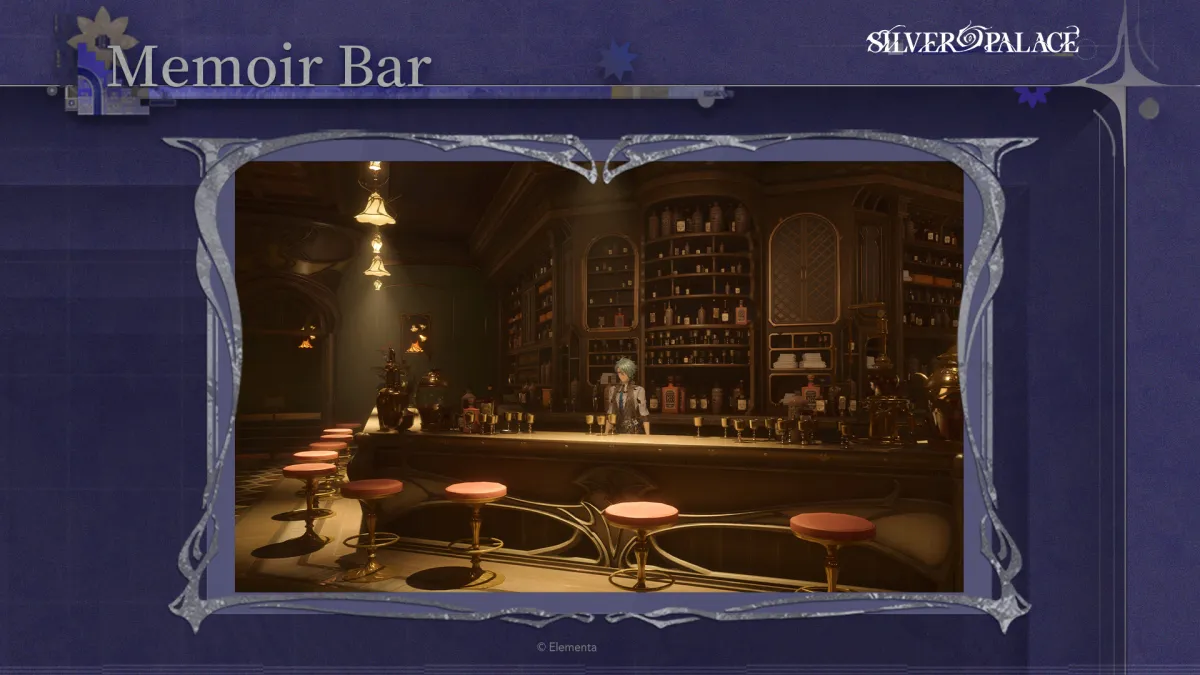 The Memoir Bar interior on Morgue Street in Silver Palace, a dim wood-panelled bar lined with bottles and stools at dusk