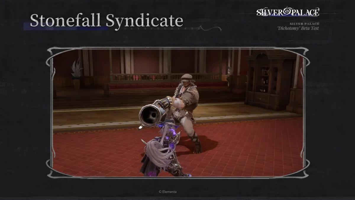A Stonefall Syndicate enemy on Morgue Street in Silver Palace, a syndicate thug wielding a cannon-like weapon indoors, from pre-release beta footage