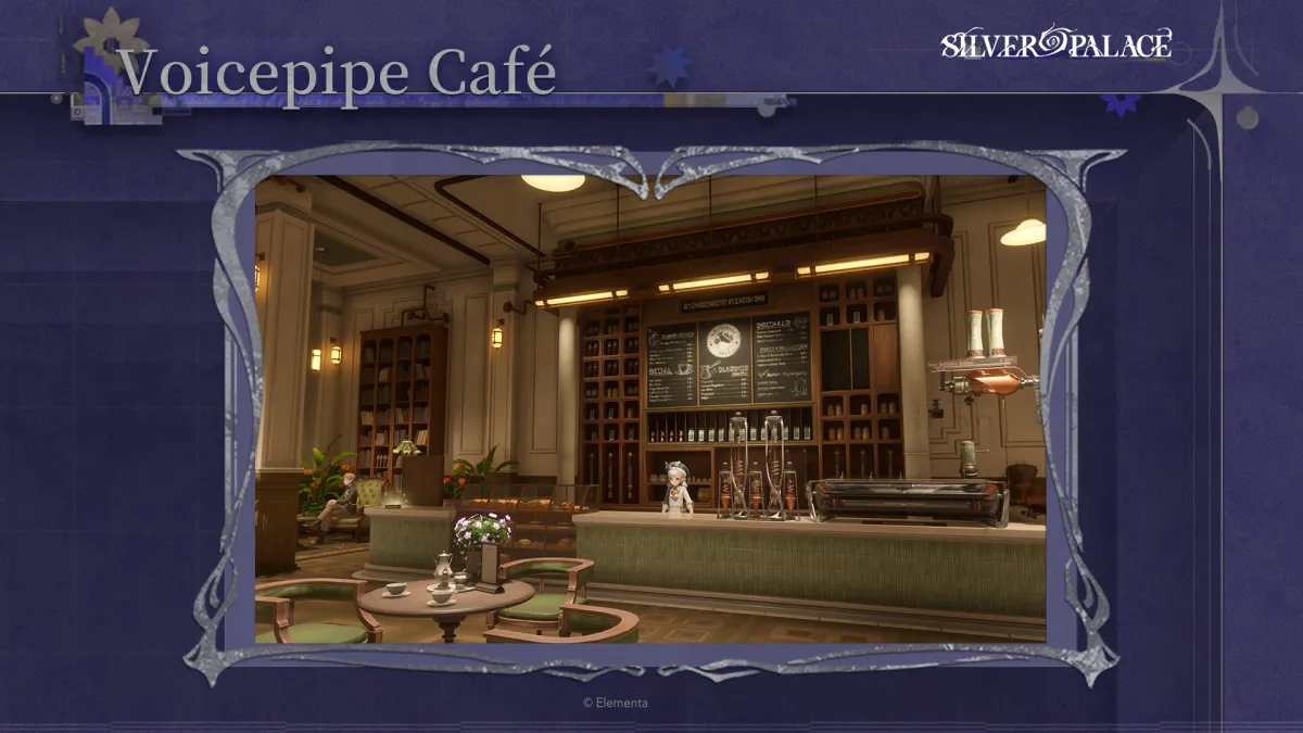 The Voicepipe Café interior on Morgue Street in Silver Palace, a bright coffee house with a Silverium distillation counter and a chalkboard menu