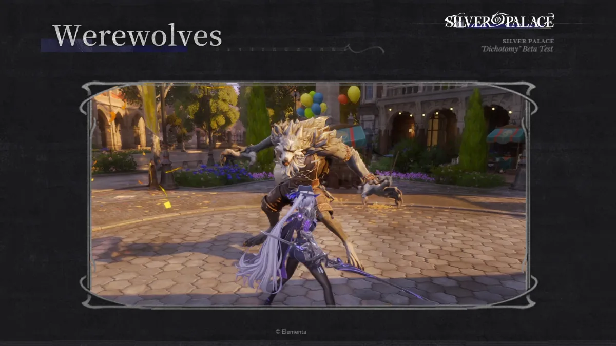 A Werewolf enemy on Morgue Street in Silver Palace, a hulking beast facing the Detective in a district plaza, from pre-release beta footage