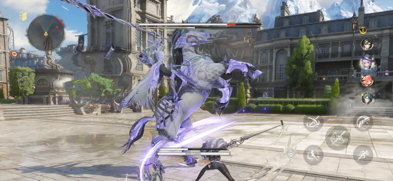 A Silver Palace character fighting a large clawed creature in a Silvernia city square, from the official App Store screenshots, showing the mobile combat interface