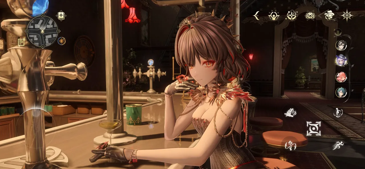 Red Rose seated at a lamplit bar counter in Silvernia, from the official Silver Palace App Store screenshots
