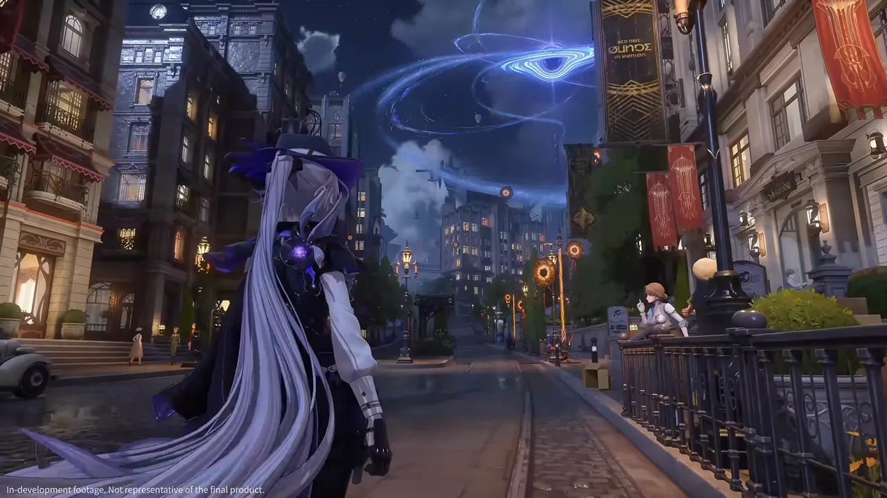 A night street in Silvernia lined with lit Victorian shopfronts and hanging banners, an NPC sitting on the railing and pedestrians further down the tram tracks, from the Silver Palace gamescom 2026 trailer