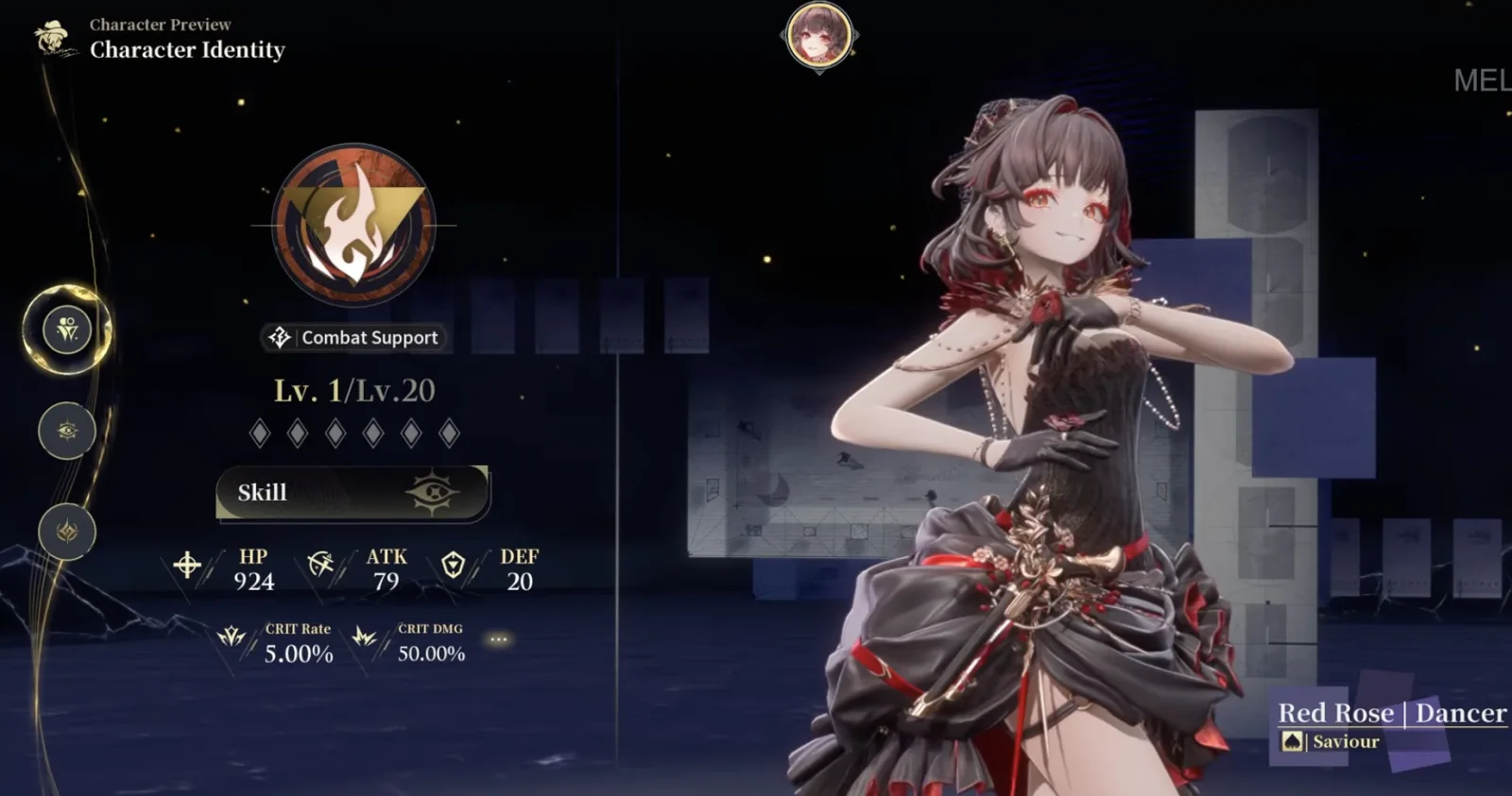 Silver Palace Red Rose Character Identity screen showing Combat Support combat style and Saviour identity