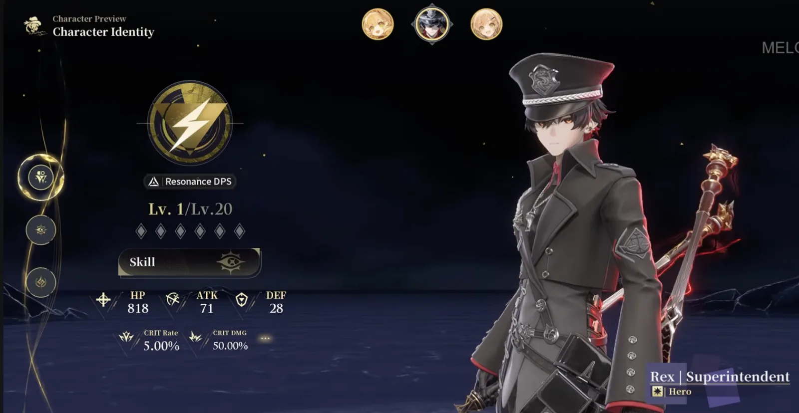 Silver Palace Rex Character Identity screen showing Resonance DPS combat style and Hero identity