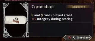 Scarlet Gambit Coronation Confidant at Supreme rarity granting x2 Integrity for Kings and Queens