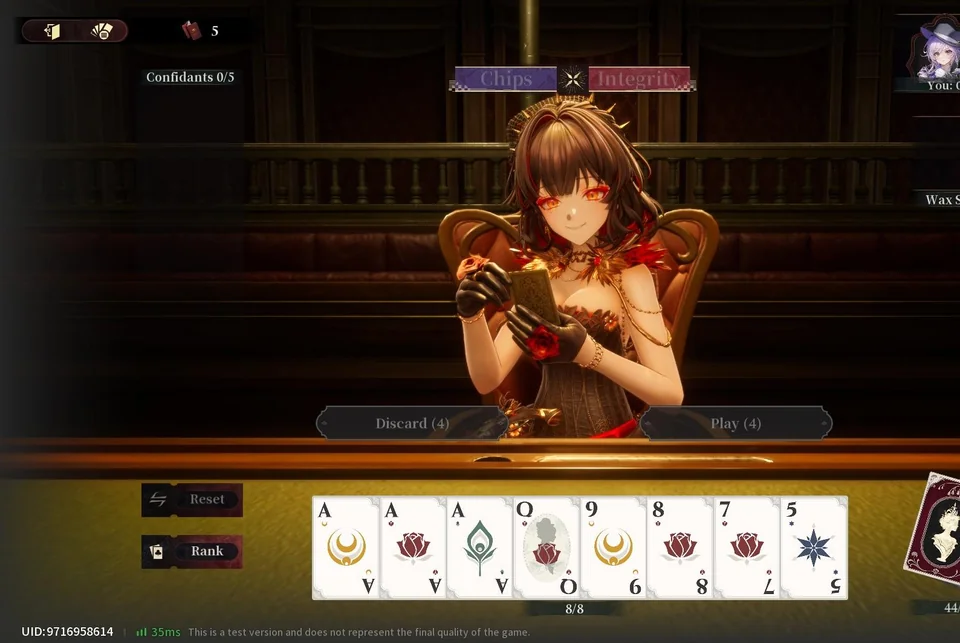 Scarlet Gambit gameplay screen with Chips times Integrity scoring, Discard and Play buttons, and a reskinned card hand
