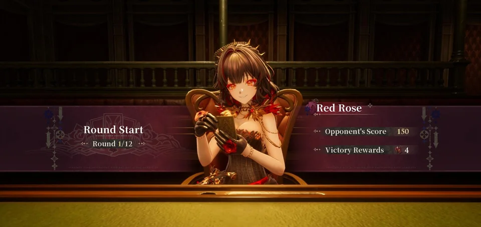 Scarlet Gambit round start screen showing Red Rose, Opponent's Score 150, and Victory Rewards