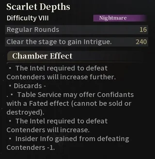 Scarlet Gambit Scarlet Depths Difficulty VIII Nightmare screen listing Chamber Effect modifiers