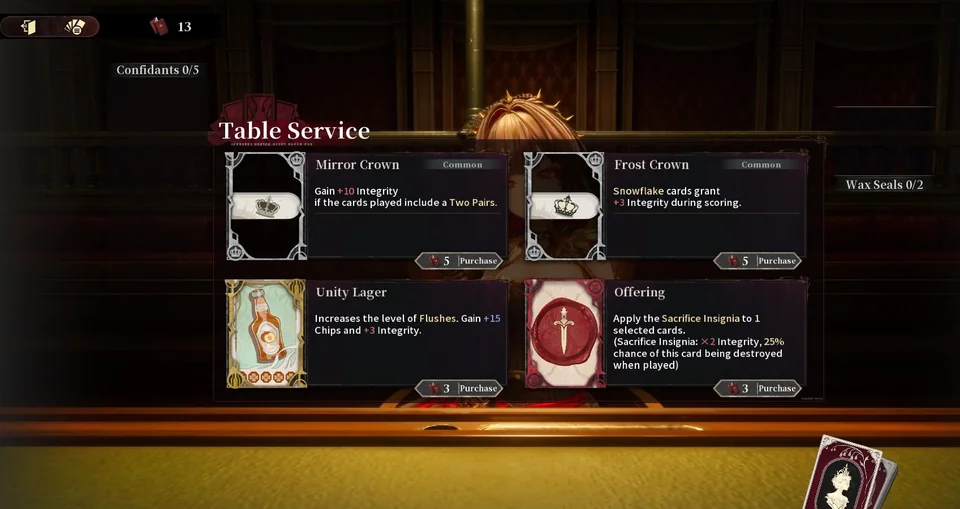 Scarlet Gambit Table Service shop offering Mirror Crown, Frost Crown, Unity Lager, and Offering