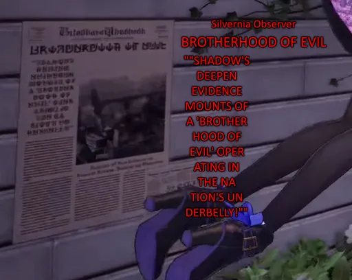 A Silvernia Observer page pinned to a wooden wall in the Silver Palace Gameplay Showcase, annotated with the headline Brotherhood of Evil
