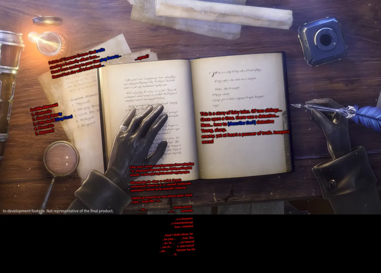 Overhead shot of a Silver Palace journal on a wooden desk, a gloved hand writing with a blue quill, with a numbered list of fairy tales on a loose sheet and English readings annotated in red and blue
