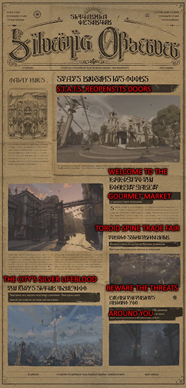 A full front page of the Silvernia Observer in Silvernia script, with five photographed stories and their headlines annotated in red
