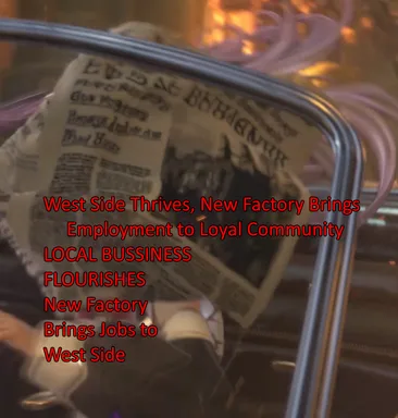 A blurred newspaper held up in a car window in the Silver Palace trailer, with headlines about a new West Side factory annotated in red