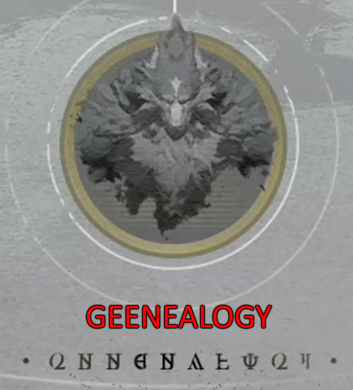 A grey Silver Palace menu panel with a circular portrait of a werewolf head inside a gold ring, over a line of Silvernia script annotated as Geenealogy