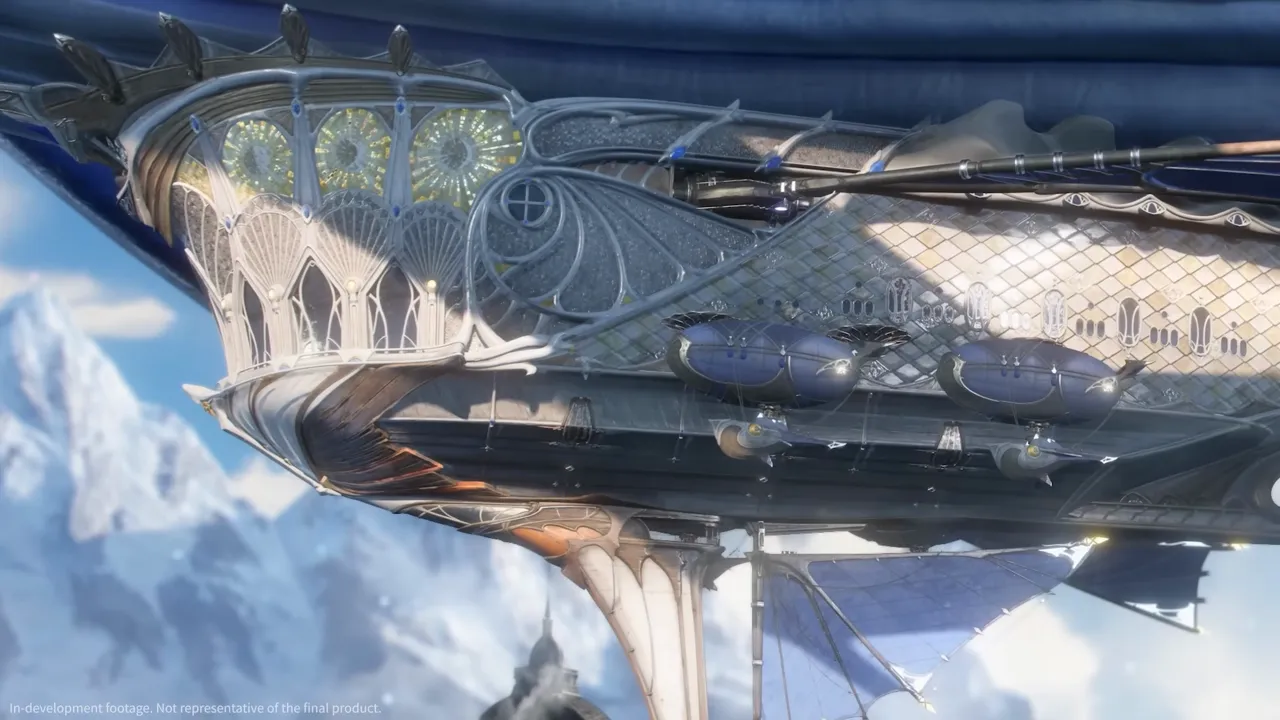 The Floating Palace airship in Silver Palace seen from below against mountains and cloud, an ornate silver-white hull with stained glass rose windows and filigree arches along its underside