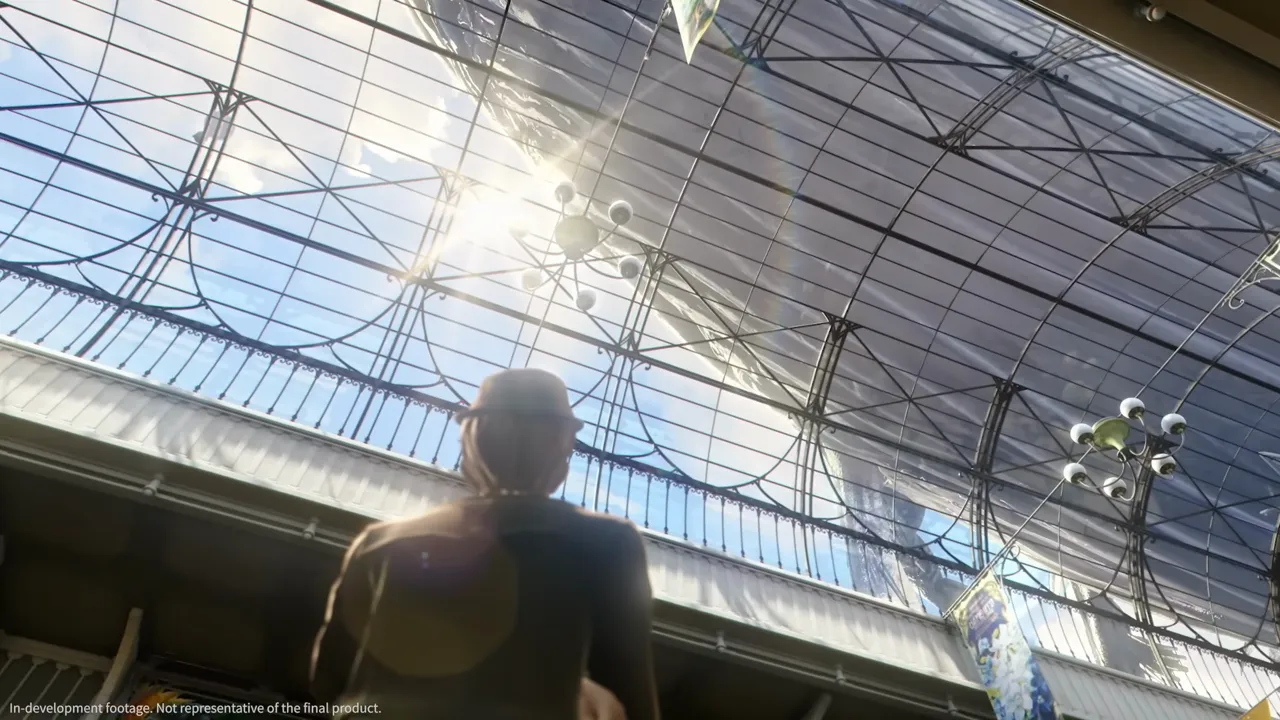 A vast glass and wrought iron canopy over a Silvernia thoroughfare, sunlight breaking through the lattice above a figure on the walkway below