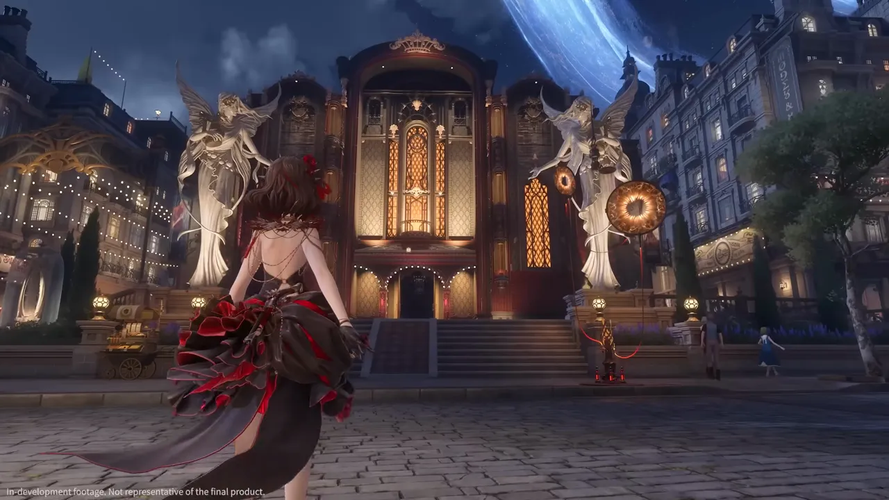 A Silvernia street at night, an ornate illuminated venue flanked by winged statues with string lights overhead and a figure in a red and black gown approaching the entrance