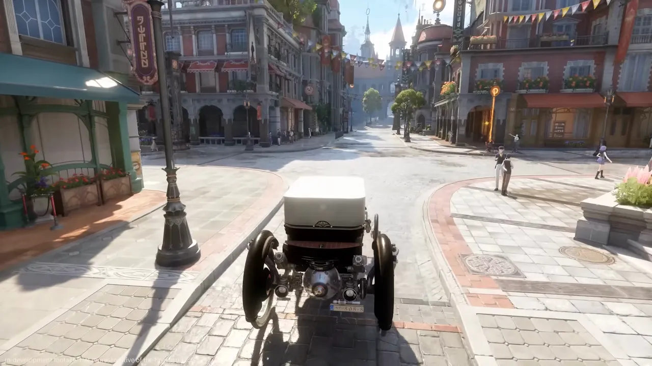 A sunlit Silvernia street corner, a vintage automobile parked on the cobbles with bunting strung between shopfronts and pedestrians crossing a paved plaza