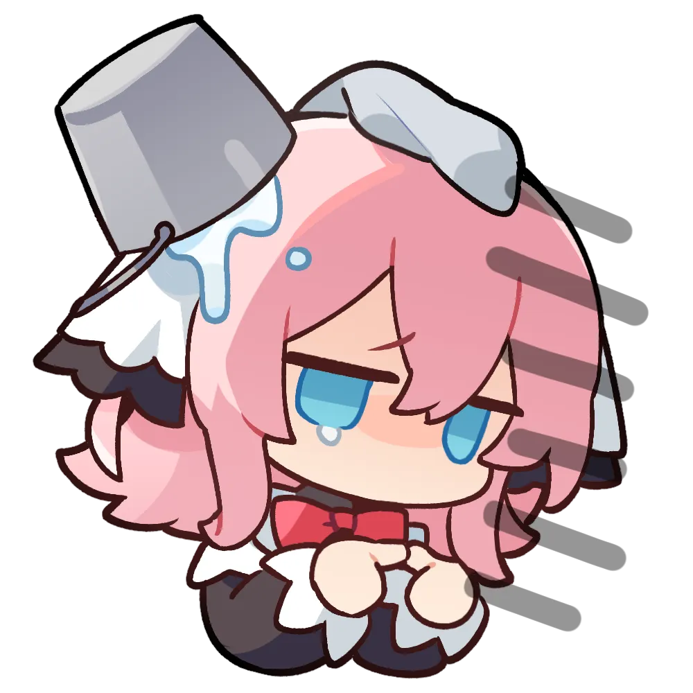 Alf with an upturned bucket on her head, water running down