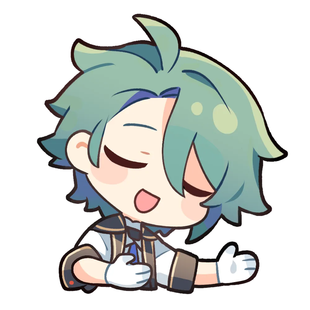 Argos laughing with his eyes closed and gloved hands open