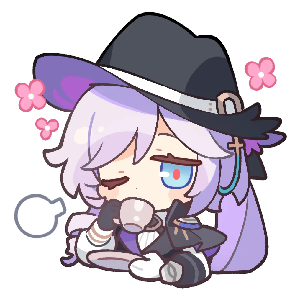 The Detective sipping tea with pink flowers floating around the hat