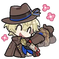 Grimm laughing with his eyes shut and pink flowers around his hat