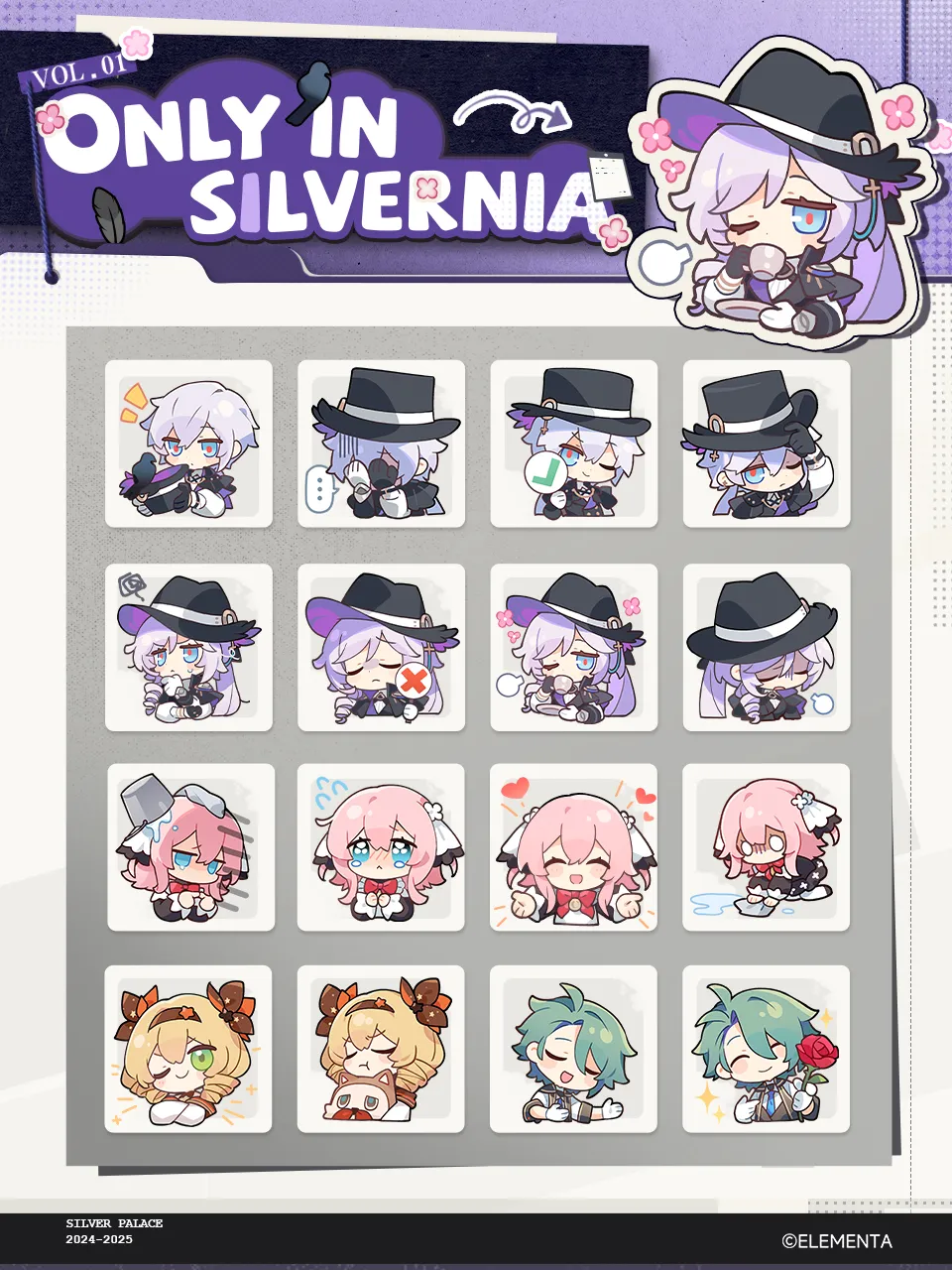 The official Only in Silvernia Vol. 01 sticker sheet, eight Detective stickers above sets for Alf, Cynthia II and Argos