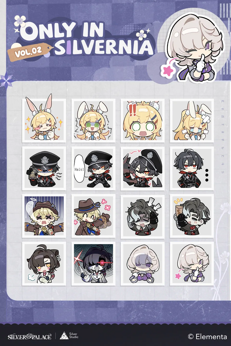 The official Only in Silvernia Vol. 02 sticker sheet, sixteen animated chibi stickers in a grid