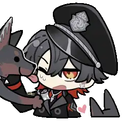 Rex being licked by a doberman, a heart floating beside him