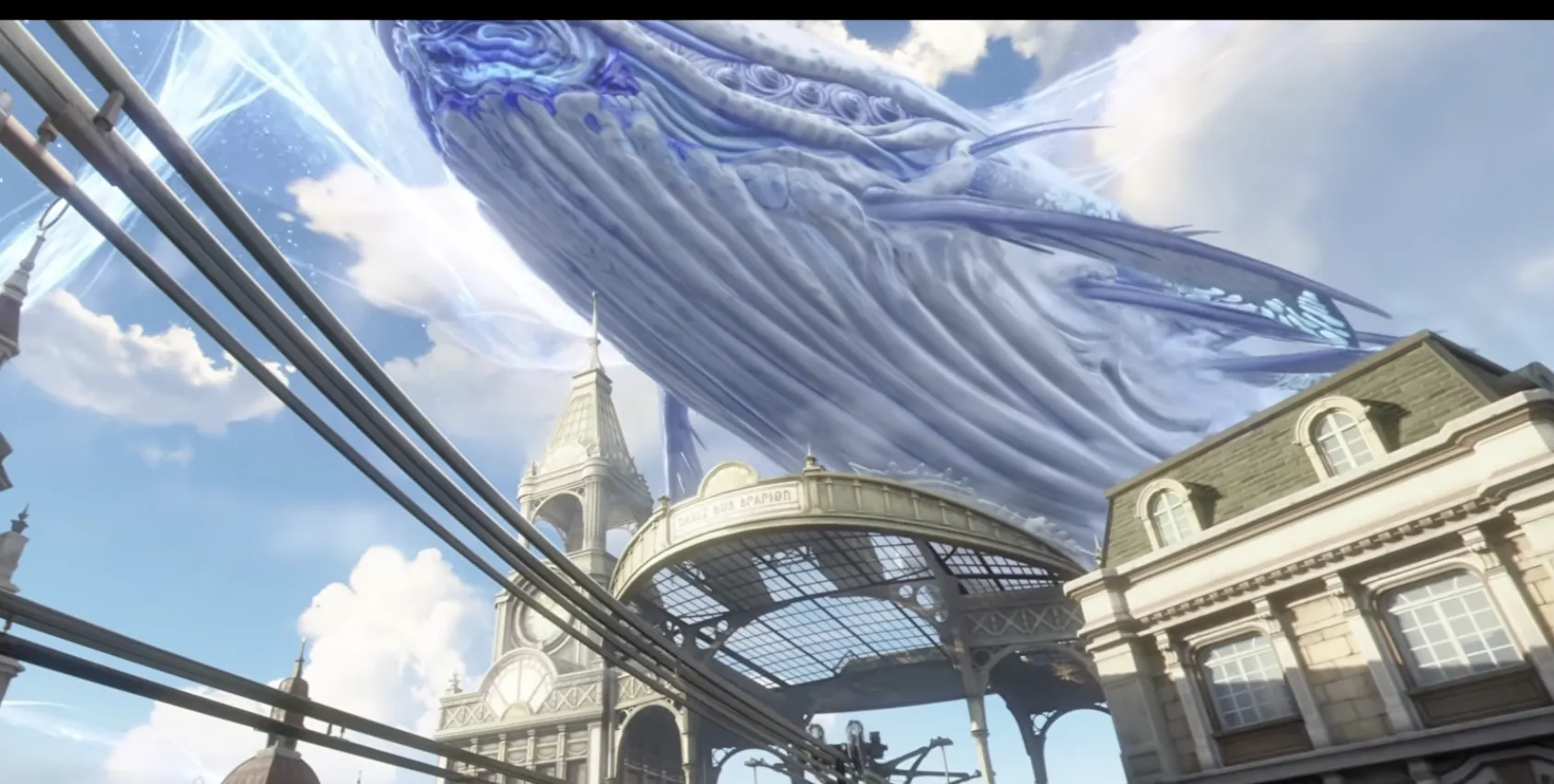 The Evermore airship above the clouds in Silver Palace, hosting the queen's ceremony