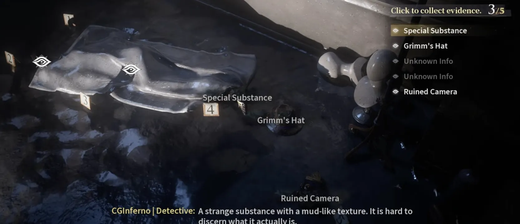Silver Palace crime scene in the gang-haunted alley where Grimm burned, with his wide-brimmed hat, burnt camera, and Silverium residue