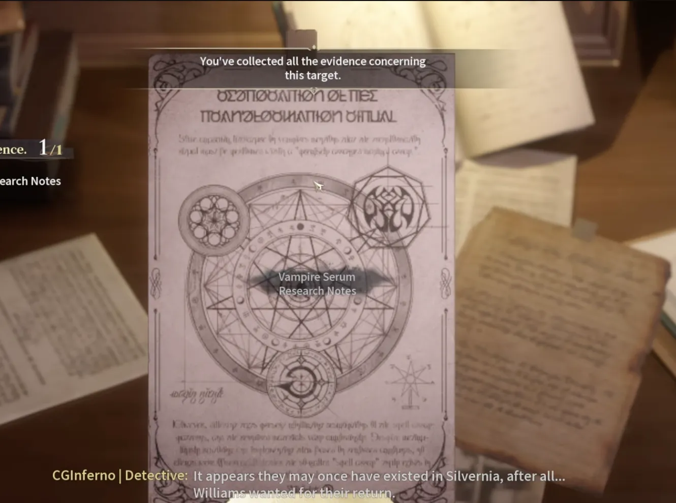 Silver Palace's Williams' research notes on the vampire transformation ritual, a red serum and mask that counterfeit death