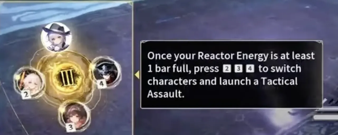 Silver Palace CBT2 tutorial prompt reading: once your Reactor Energy is at least 1 bar full, press 2, 3, or 4 to switch characters and launch a Tactical Assault