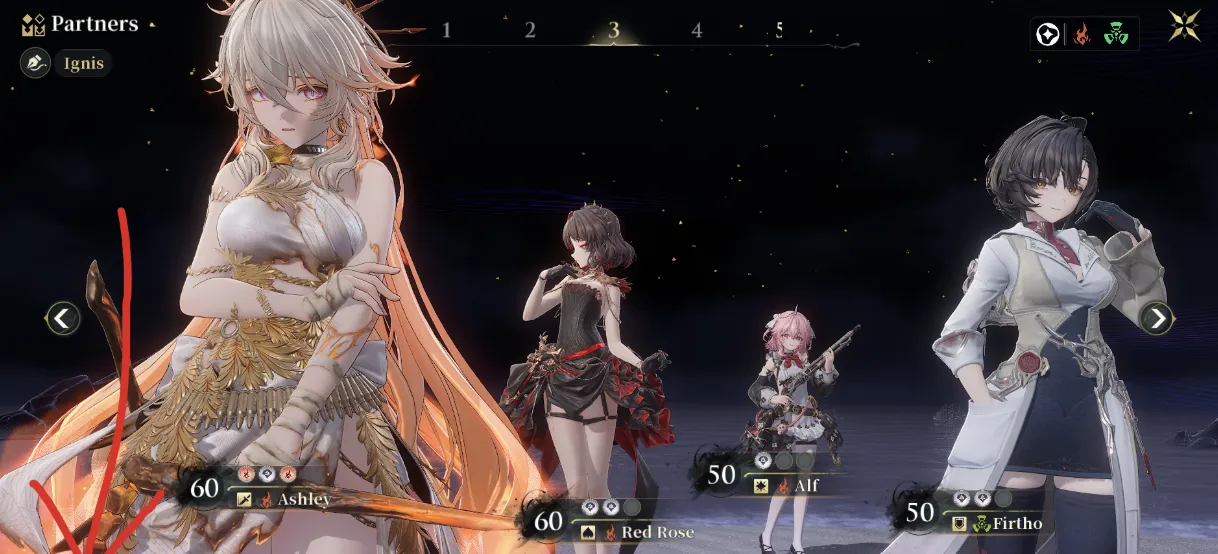 Silver Palace Partners team roster showing Ignis, Ashley, Red Rose, Alf, and Firtho with their per-character Reactor and level icons