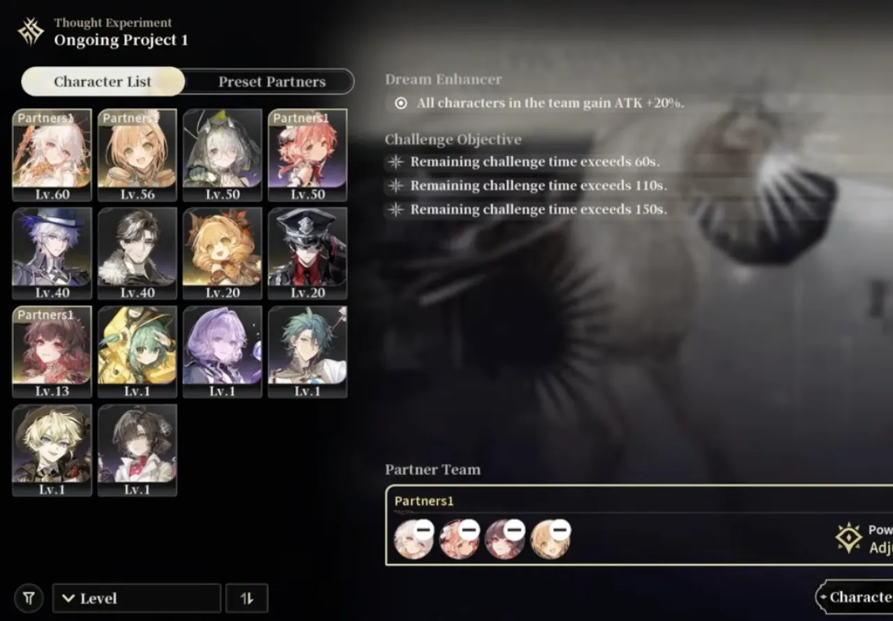 Thought Experiment Ongoing Project 1 select screen showing the character list, Dream Enhancer ATK bonus, three time-based Challenge Objectives and a single Partner Team slot