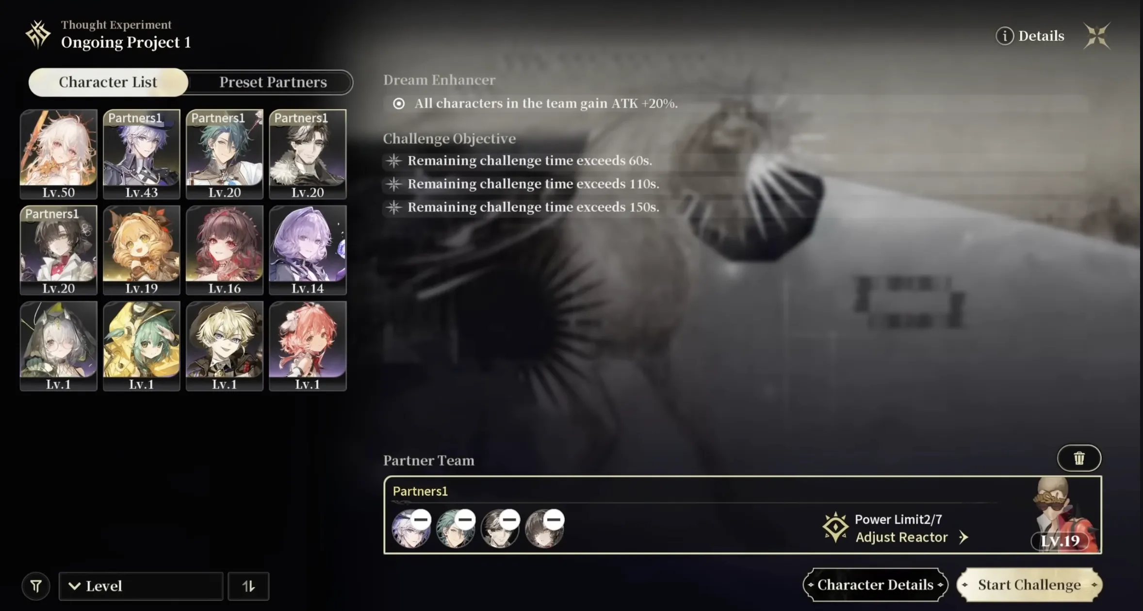 Silver Palace Thought Experiment team builder showing the character list, Dream Enhancer buff, Challenge Objectives and a Partner Team with Power Limit 2/7