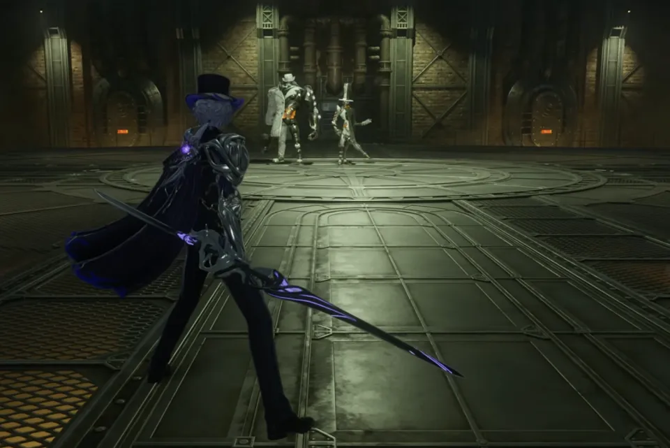 Manager and Supervisor duo boss in Silver Palace, two white-suited figures in a machine hall