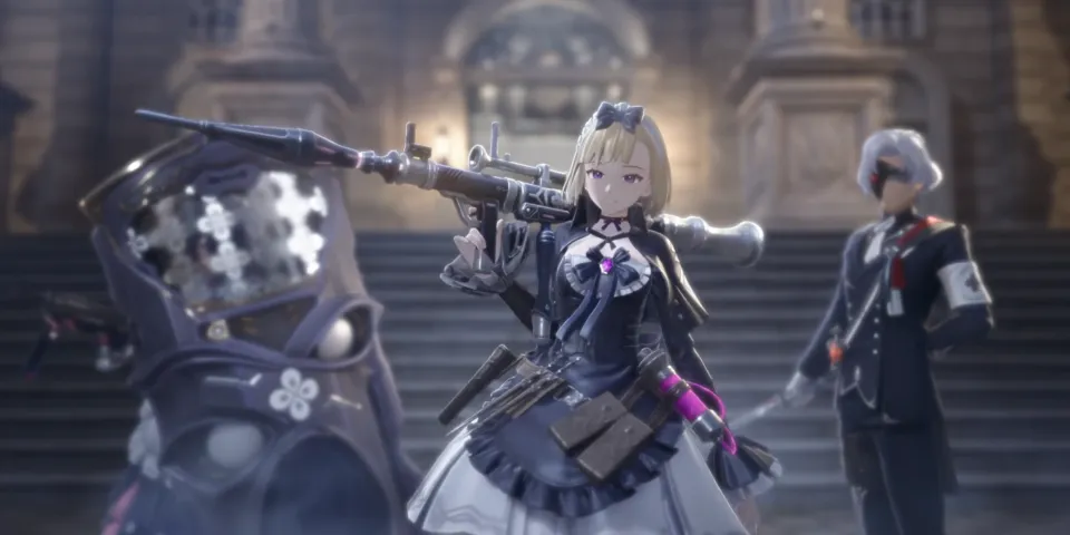Miss Maid boss in Silver Palace, a maid wielding a large rifle outside a mansion