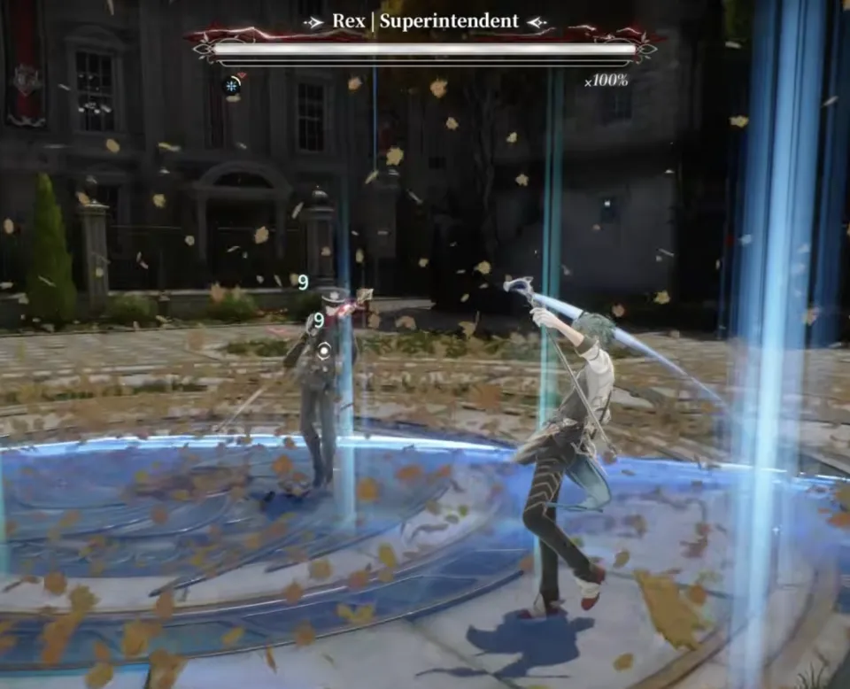 Rex the Superintendent boss banner in Silver Palace, a duel in an autumn courtyard